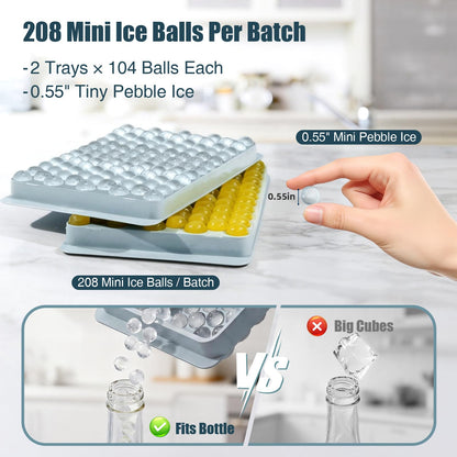 WIBIMEN Mini Ice Cube Trays, 0.55” Tiny Pebble Ice for Iced Coffee & Cocktails, Fast Chill, Easy Twist Release, Stackable with Lid & Storage Bin (2 Pack, Blue)