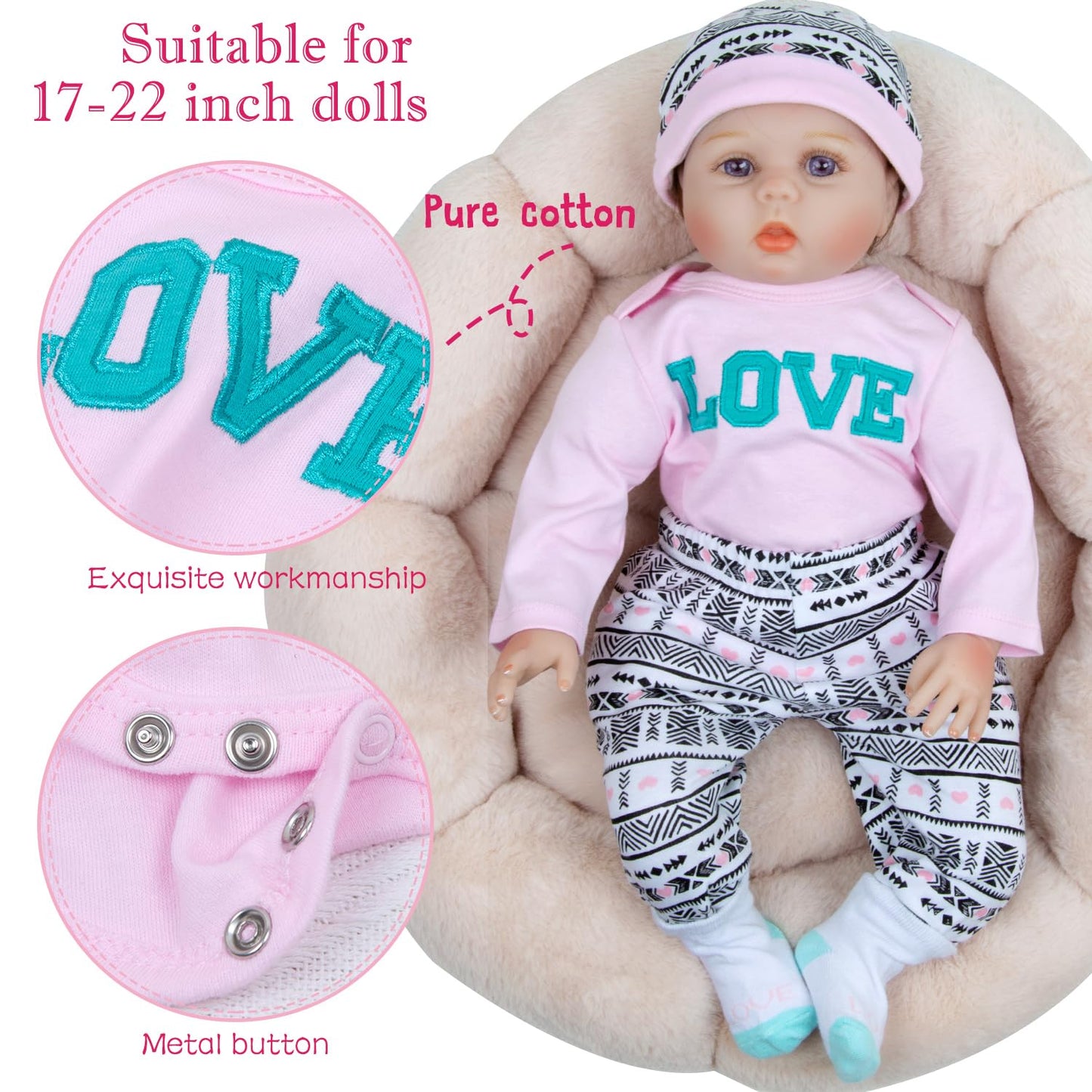 PEDOLLTREE 12 Pcs Reborn Baby Dolls Clothes Girl Outfit Accessories for 17-22 Inch Reborn Doll Newborn Girl with Pink Love Heart Bassinet
