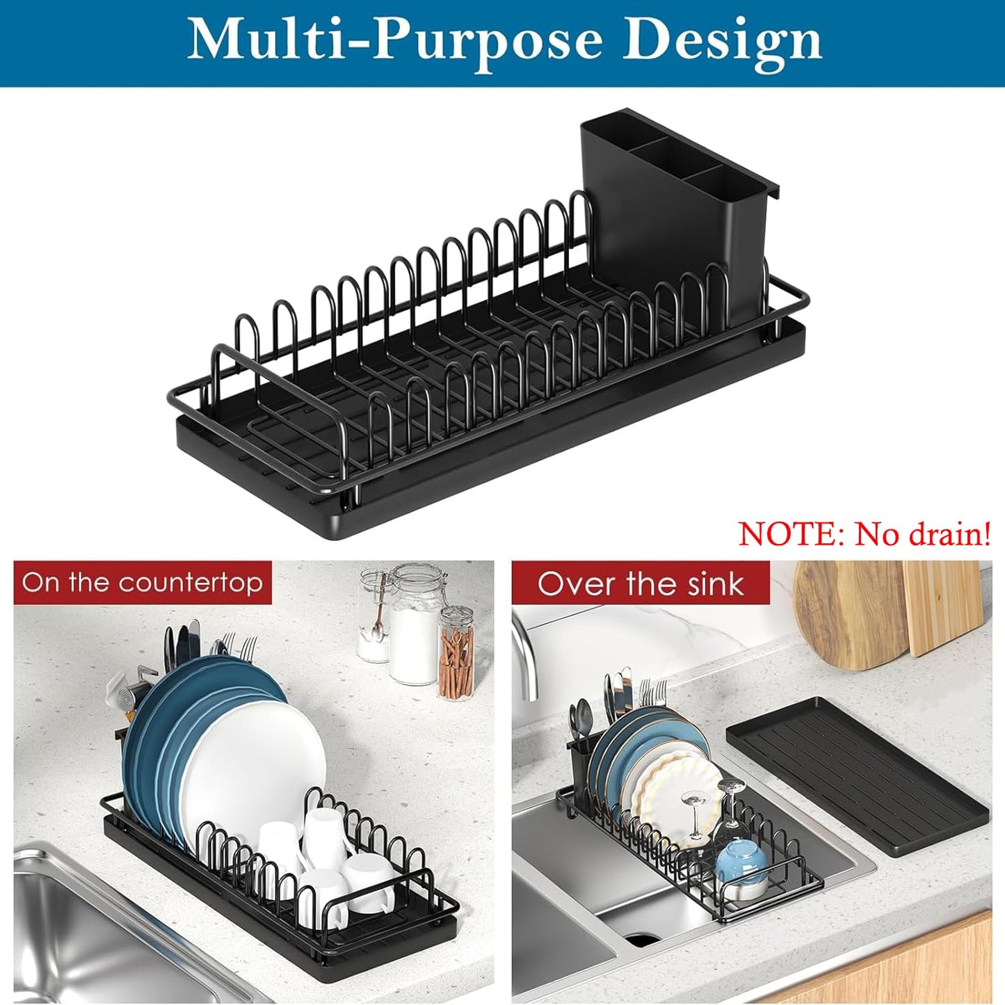 XYZLVSI Compact Small Dish Rack Sink Drying Rack with Silicone Mat, Stainless Steel Dish Drainer for Kitchen Cabinet, Kitchen Sink Rack,Dish Holder, Black