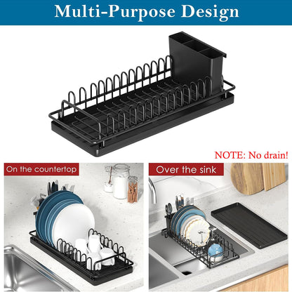 XYZLVSI Compact Small Dish Rack Sink Drying Rack with Silicone Mat, Stainless Steel Dish Drainer for Kitchen Cabinet, Kitchen Sink Rack,Dish Holder, Black