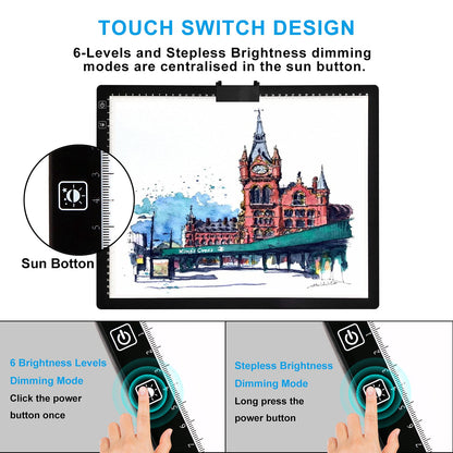 A3 LED Light Pad with Carry Bag, TOHETO Wireless Rechargeable Light Board with Stand and Top Magnetic Clip 3 Colors Stepless Dimmable 6 Levels Brightness Light Box for Diamond Painting Weeding Vinyl