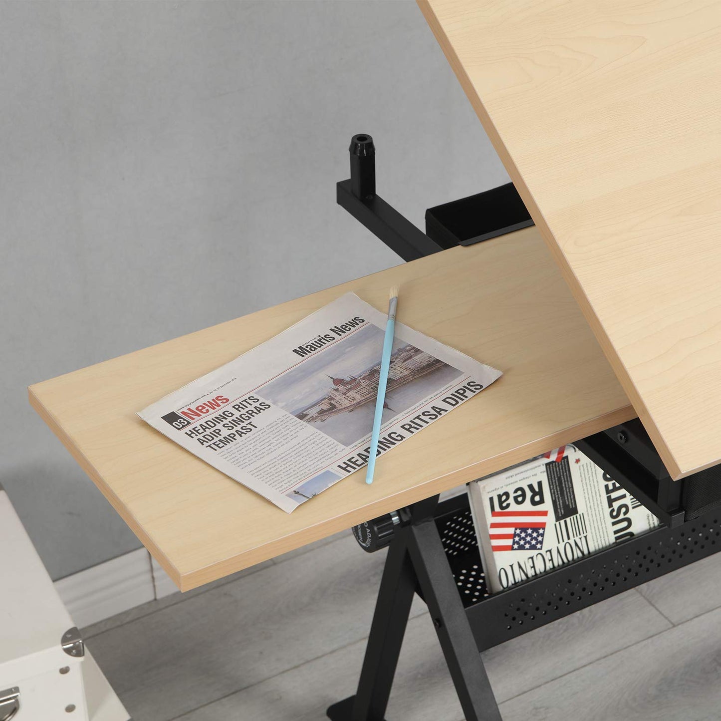 4everwinner Height Adjustable Drafting Desk Drawing Table Tiltable Tabletop with Stool and 2 Storage Drawer for Reading, Folding Draft Table Painting Writing Art Craft Desk Work Station (Wood)