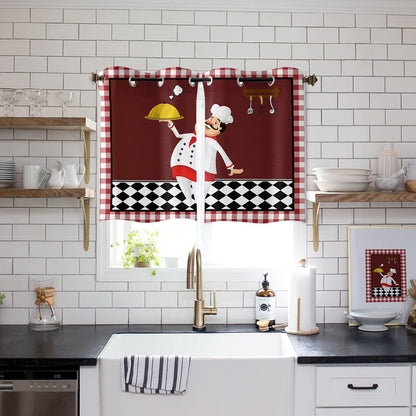 Kitchen Chef Gourmet 2 Piece Window Curtain for Bedroom Living Room, Red Checkered White Lace Drapes