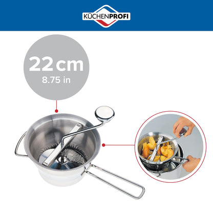 Küchenprofi Stainless Steel Food Mill, Silver, Large, 18/10 Steel, 4 Interchangeable Discs, Strainer for Sauce, 15.5x8.75x4.75 inches, 0.4 kg
