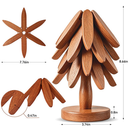 Smartwikiit Wooden Tree Trivet Set - 4 Heat-Resistant Sapele Wood Trivets with Stand for Hot Pots and Pans, Kitchen Countertop Protection, Christmas Tree Design Wooden Pot Holders
