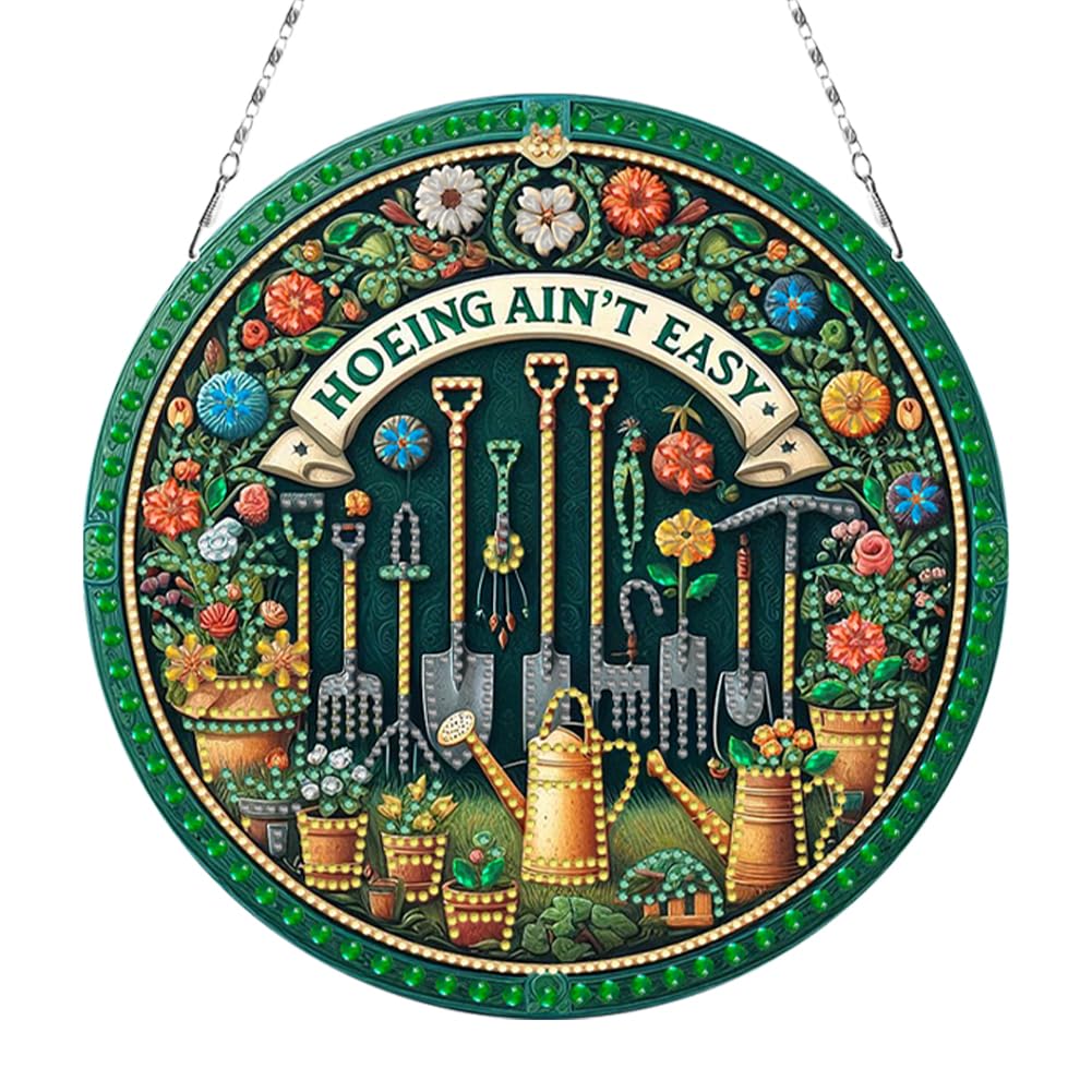 C'eitura 2D Flat DIY Flower Garden Tools -Hoeing ain;t Easy Diamond Art Painting Window Hanging Art,Crystal Diamond Gem Art Suncatchers Painting Pendant for Home Wall Decor