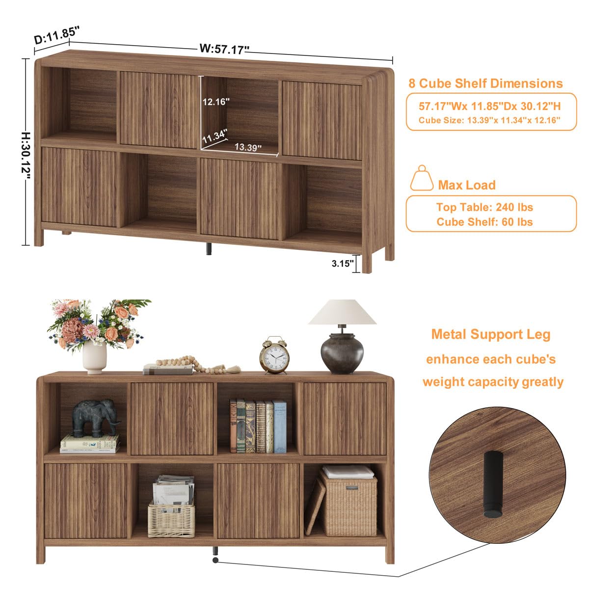 FATORRI 8 Cube Bookcase with 4 Doors, Wood Bookshelf with Storage Cabinet, Low Horizontal Storage Book Shelf for Living Room, Home Office, Dining (57 Inch Walnut)