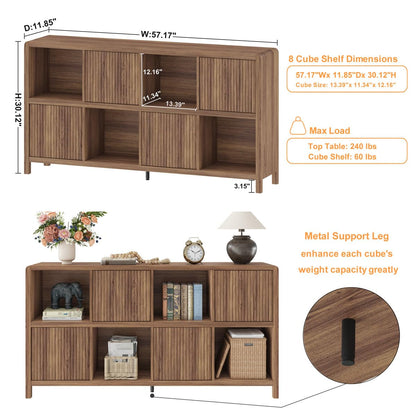 FATORRI 8 Cube Bookcase with 4 Doors, Wood Bookshelf with Storage Cabinet, Low Horizontal Storage Book Shelf for Living Room, Home Office, Dining (57 Inch Walnut)