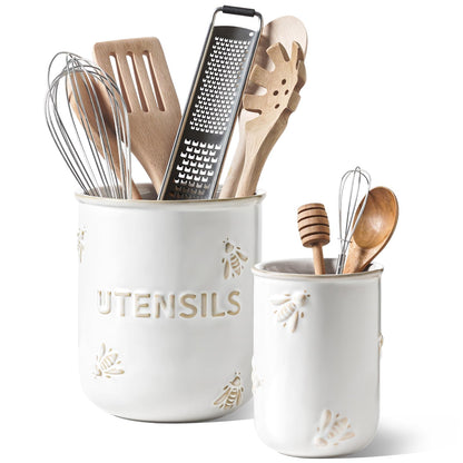 LE TAUCI Utensil Holder for Kitchen Counter - 6.9"+5.3" Ceramic Kitchen Utensil Holder Set of 2, Large Cooking Utensil Crock & Organizer for Spatula, Spoon - Embossed Kitchen Decor, White,Bee