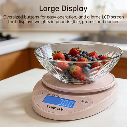 Small Digital Kitchen Scale Food -11lb/5kg Kitchen Weight Scale with LCD Display for Weight Loss, Sourdough Bread, Baking, Cooking, Keto and Meal Prep, 1g Precision, Batteries Included, Pink