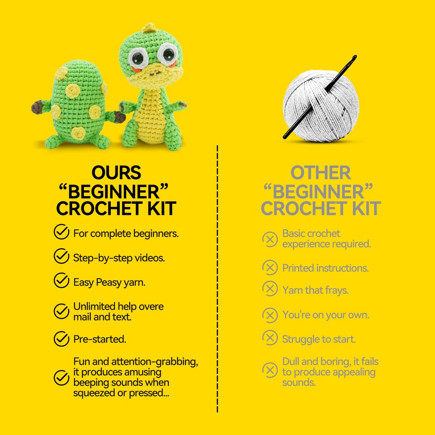 Eelexa Crochet Kit for Beginners - 2 Pack Set with Dinosaur Plush, Egg& Squeaker, Complete Starter Kit with Yarn, Tools & Video Tutorial, DIY Animal Craft Gift for Lovers