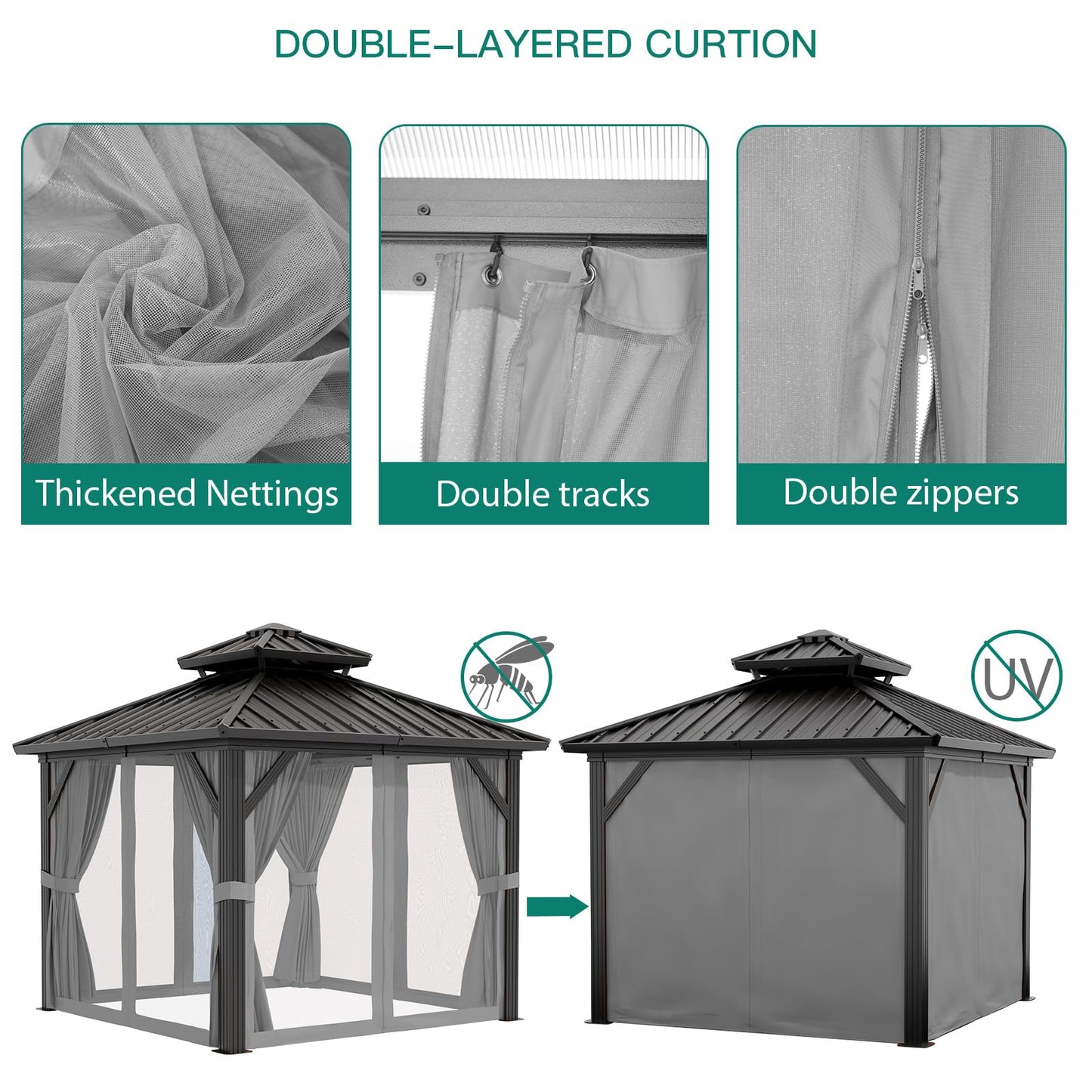 GarveeLife 10x10 ft Double Roof Hardtop Gazebo, Heavy Duty Galvanised Steel Hardtop Pavilion with Nettings and Curtains, Aluminum Gazebo for Patio, Terrace, Lawn and Deck, Grey