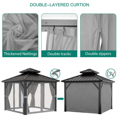 GarveeLife 10x10 ft Double Roof Hardtop Gazebo, Heavy Duty Galvanised Steel Hardtop Pavilion with Nettings and Curtains, Aluminum Gazebo for Patio, Terrace, Lawn and Deck, Grey