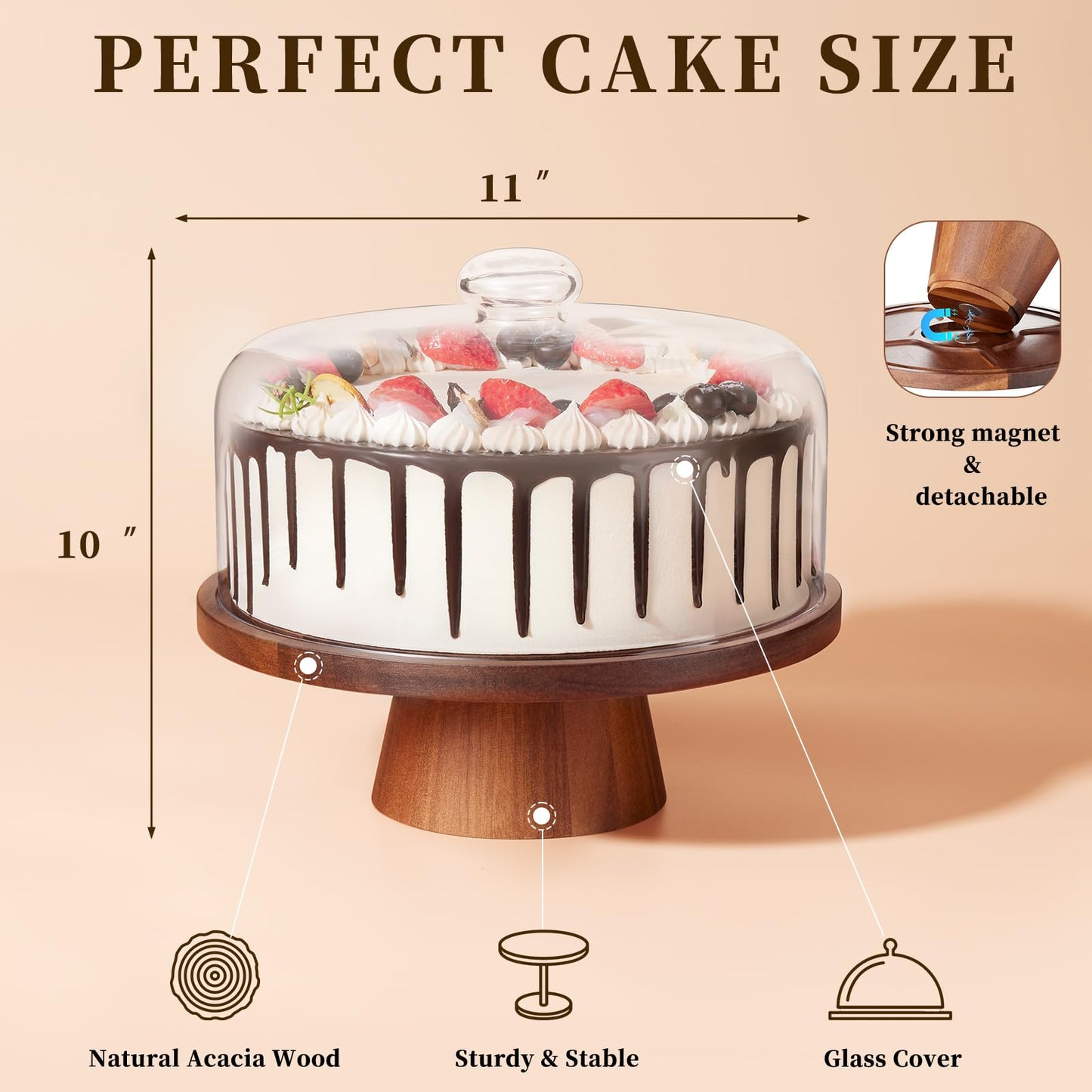 VIVIRBIEN Wooden Cake Stand with Lid, Acacia Cake Stand with Glass Dome, 11-Inch Versatile Dessert Stand with Strong Magnetic Pedestal, Cake Holder for Birthday/Kitchen/Party/Charcuterie