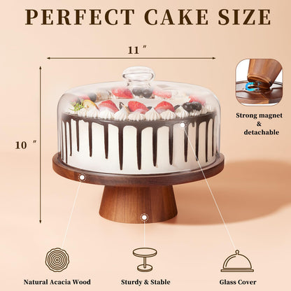 VIVIRBIEN Wooden Cake Stand with Lid, Acacia Cake Stand with Glass Dome, 11-Inch Versatile Dessert Stand with Strong Magnetic Pedestal, Cake Holder for Birthday/Kitchen/Party/Charcuterie