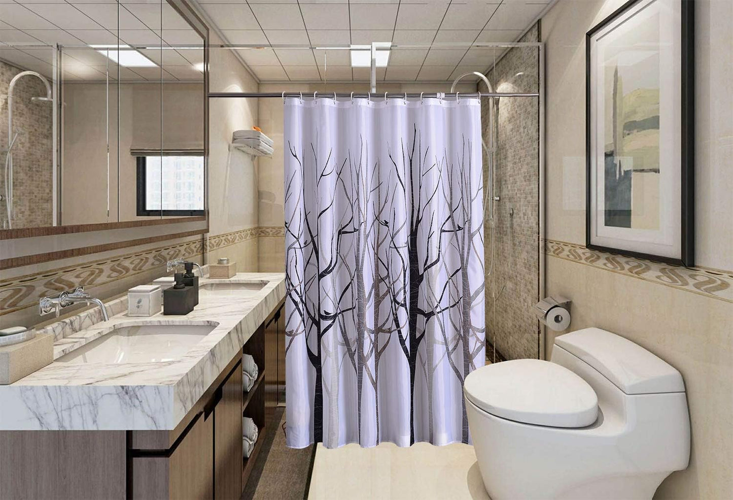 Waterproof Grey Tree Shower Curtain Fabric with Hooks, 72x72 INCH