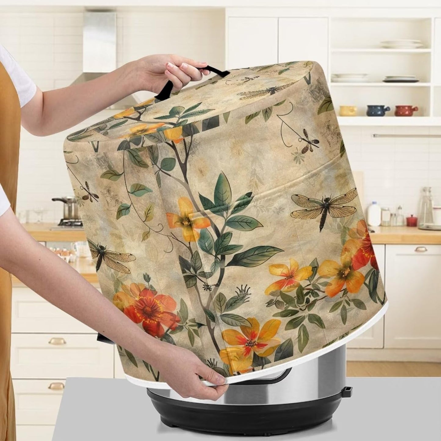 Floral Dragonfly Rice Cooker Cover, Waterproof 6 Quart Dust Cover for Kitchen Appliances, Wear Resistant, Keep Home
