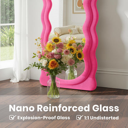Anpark Full Length Mirror 71"x30" Irregular Wavy Full Body Wall Mounted Floor Mirror with Stand Hot Pink Flannel Frame Leaning Hanging Wall for Bedroom Entrance Hallway