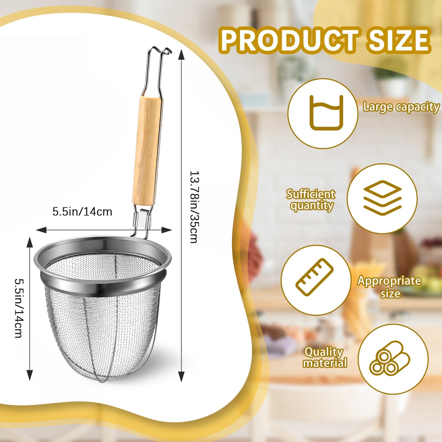 Patelai 4 Pcs Pasta Strainer Basket 5.5"x5.5" Stainless Steel Noodle Strainer with Wood Handle Kitchen Round Base Mesh Spider Basket Skimmer Food for Pasta, Ramen, Dumplings, and Deep-fried Foods