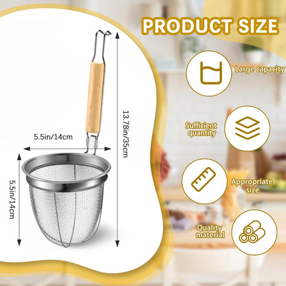 Patelai 4 Pcs Pasta Strainer Basket 5.5"x5.5" Stainless Steel Noodle Strainer with Wood Handle Kitchen Round Base Mesh Spider Basket Skimmer Food for Pasta, Ramen, Dumplings, and Deep-fried Foods