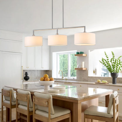 47" Linear Kitchen Island Lighting 3-Light Brushed Nickel Chandelier with White Fabric Drum Shade Adjustable Hanging Pendant Light for Dining Room Light Fixtures Over Table,Kitchen,Bar,Living Room,E26