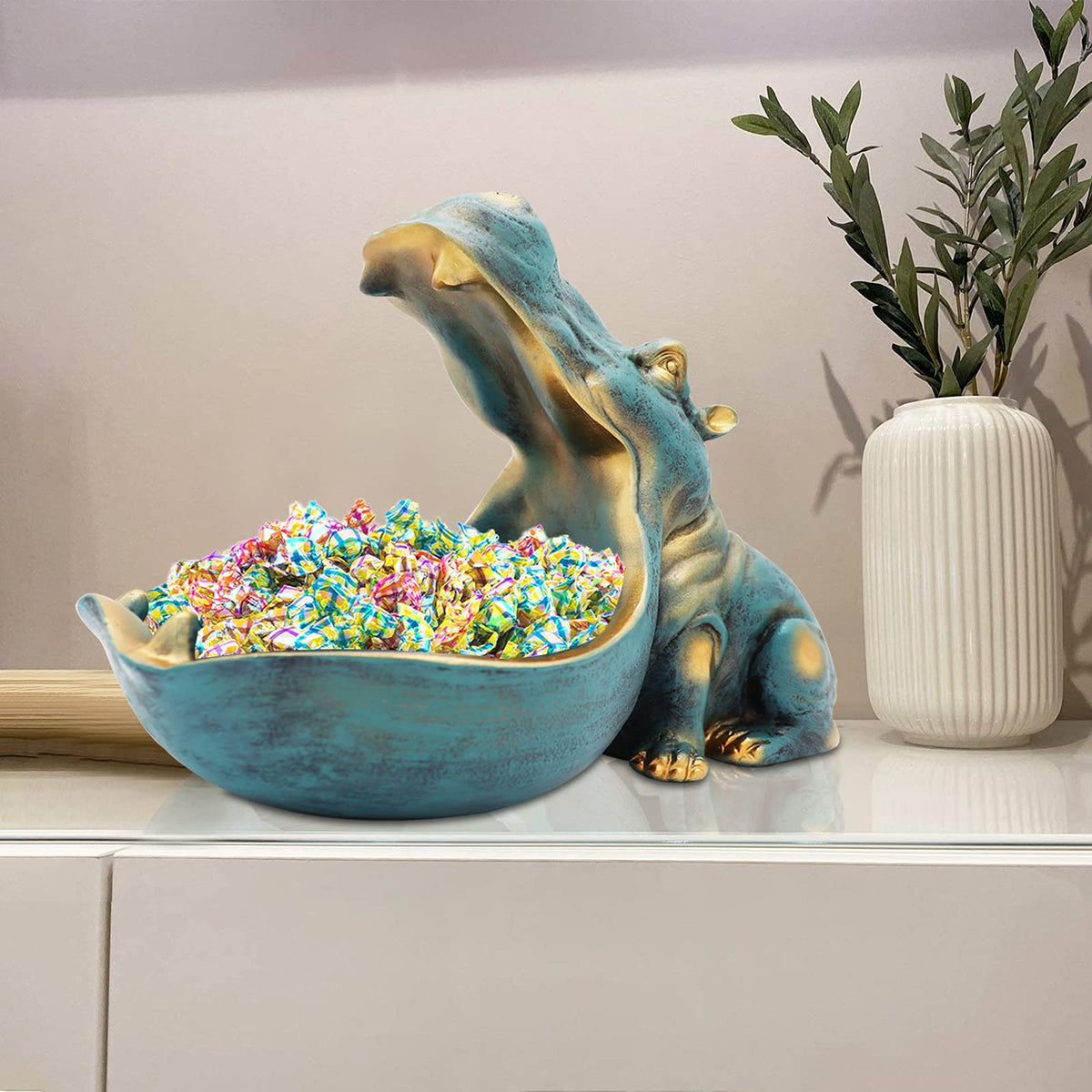 aboxoo Hippo Statue,Large Hippopotamus Figurine Home Sculpture with Resin, Hippo Candy Jar, Candy Dish Bowl for Office Desk, Key Bowl for Entryway Table,Container Storage Art Decor Box(Dark Blue)