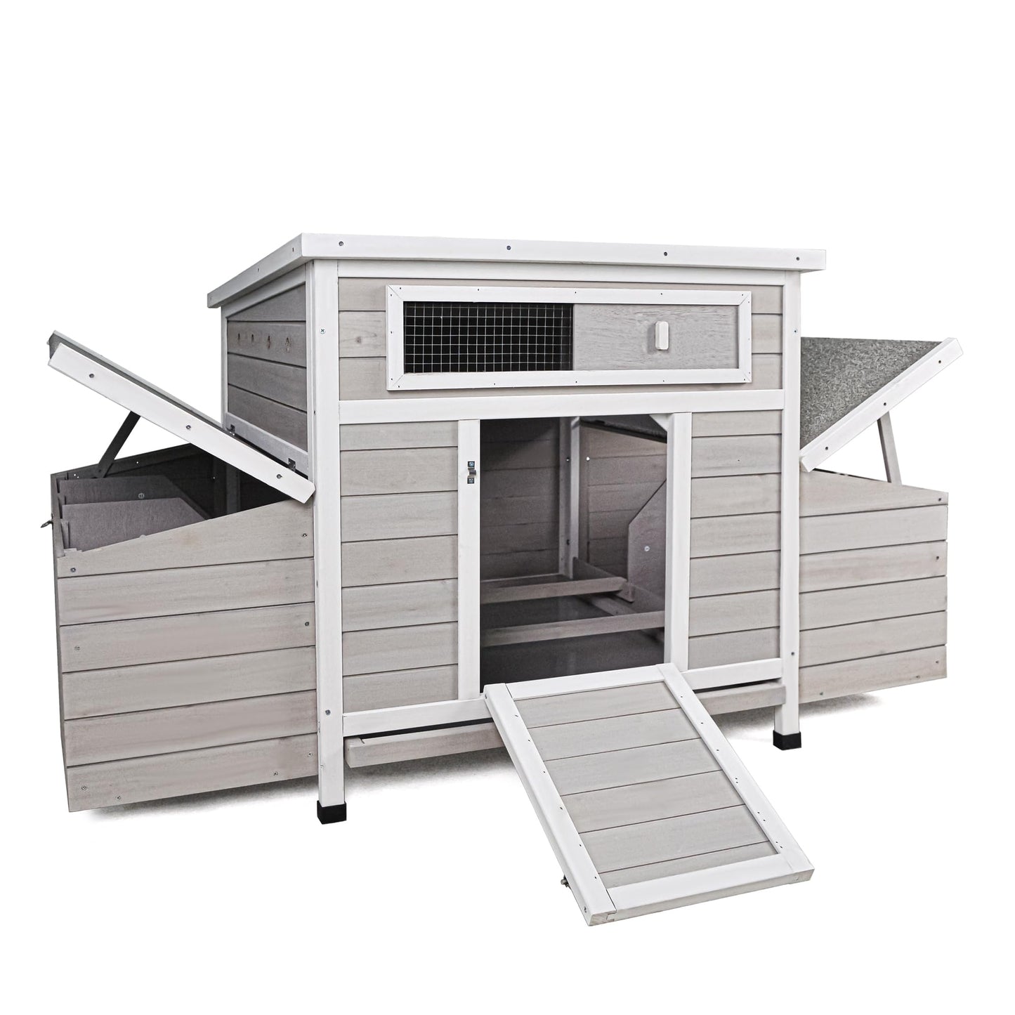 KEIKI Large Wooden Chicken Coop, Outdoor Hen House, Poultry Cage, Rabbit Hutch, Wooden Poultry Cage for Outdoor with 2 Sides Nesting Boxes, Gray+White