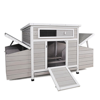 KEIKI Large Wooden Chicken Coop, Outdoor Hen House, Poultry Cage, Rabbit Hutch, Wooden Poultry Cage for Outdoor with 2 Sides Nesting Boxes, Gray+White