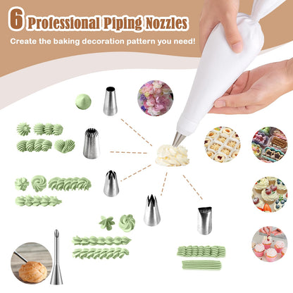 9-Piece Reusable Piping Bags and Tips Set- Cotton Baking Kit with Coupler, Stainless Steel Nozzles & Cleaner for Cakes/Cupcakes/Cookies Decorating