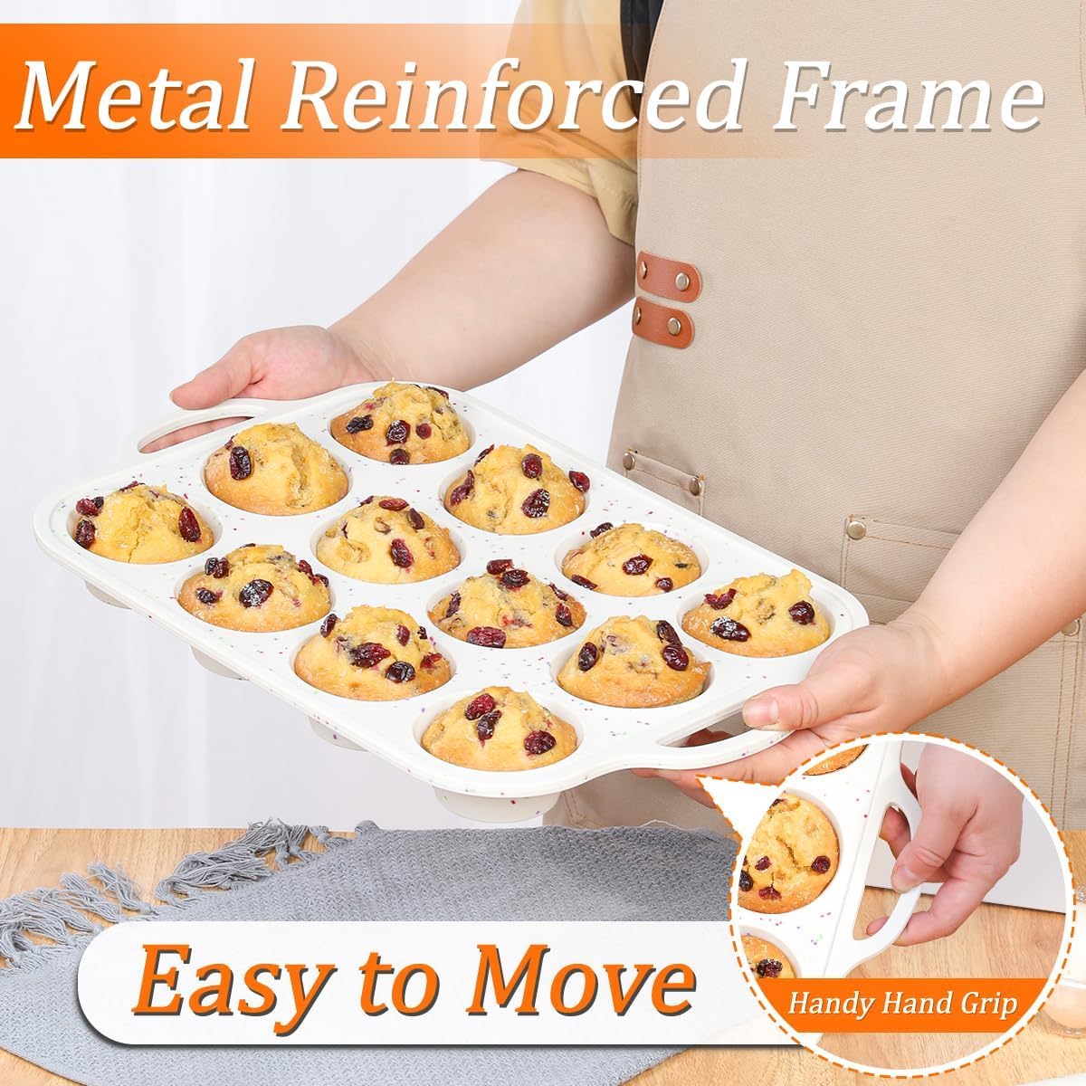 Silicone Muffin Pans for Baking, with Metal Reinforced Frame 2.8 Inch Regular Size Silicone Molds Nonstick 12 Cups for Baking Homemade Muffins, Cupcakes, Egg Bites 2 Pack Dishwasher Safe BPA Free