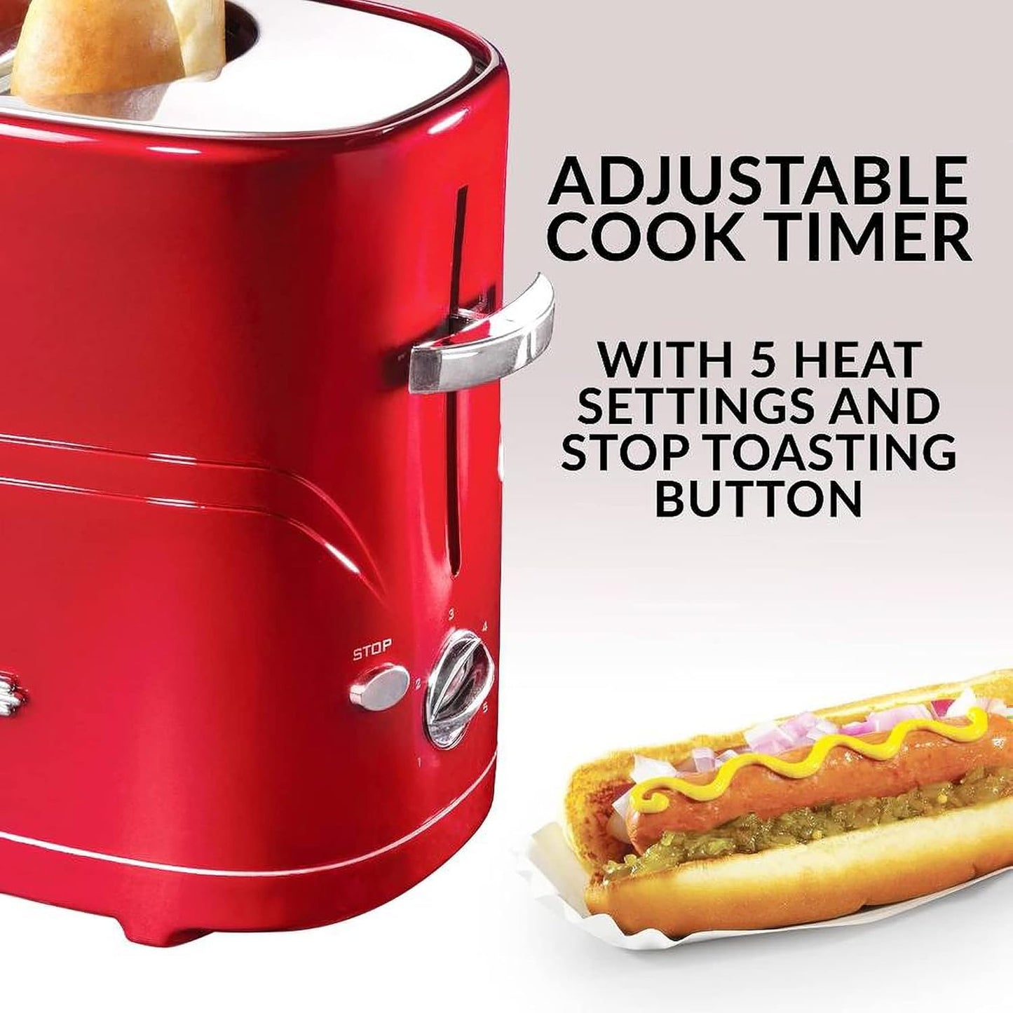 Nostalgia Adjustable Retro Pop Up Hot Dog Toaster - Fits 2 Regular or Extra Plump Hot Dogs and 2 Buns, Red