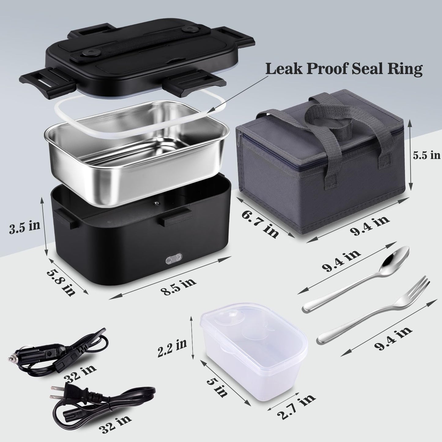 Nifogo Electric Lunch Box for Adults 80W Portable Heated Lunch Box for Men 3 in 1 Portable Food Warmer 110V/12V/24V with 1,8L Removable Stainless Steel Container & Bag(Black)