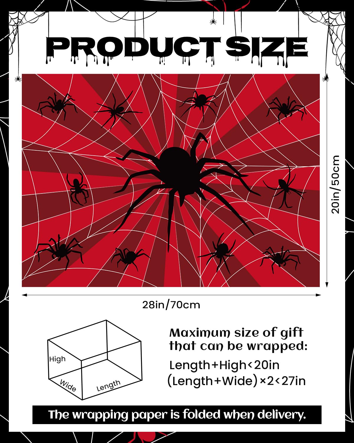 Pineraap 12 Sheets Black Spider Wrapping Paper, Gothic Red Spider Gift Wrap Paper, Nightmare Goth Decorative Craft Tissue Spider Party Decoration for Gothic Theme Birthday Party, 20"×28"
