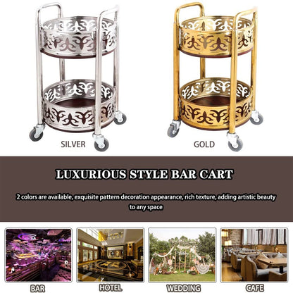 FGQuelleBM 2-Tier Serving Cart with Ornate Cut-Out Design, Mobile Beverage Cart Features Dual Handles, Crafted from Stainless Steel and Wood(Gold)