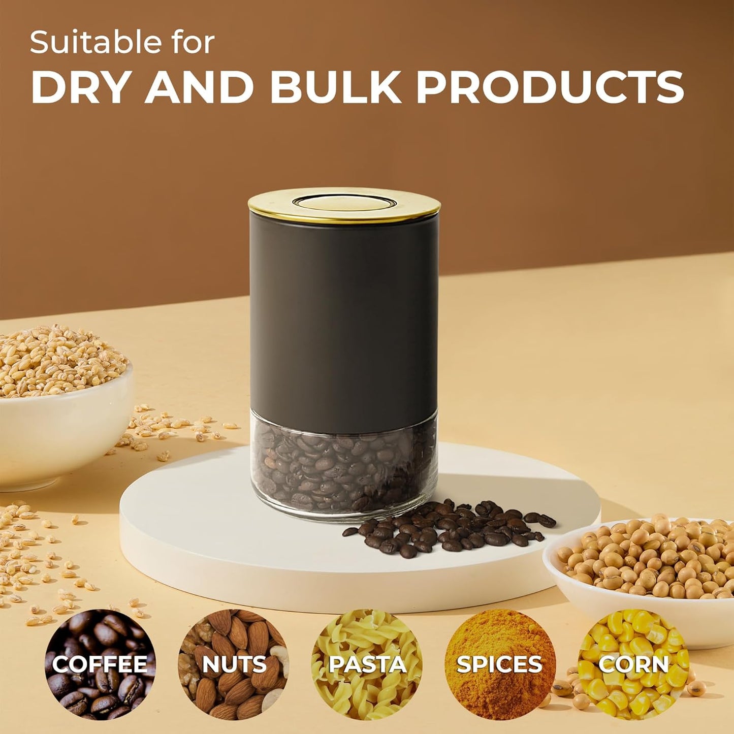 Kaffe Glass Coffee Canister (8oz) with Airtight Lid, BPA Free Glass & Stainless Steel Kitchen Storage Container