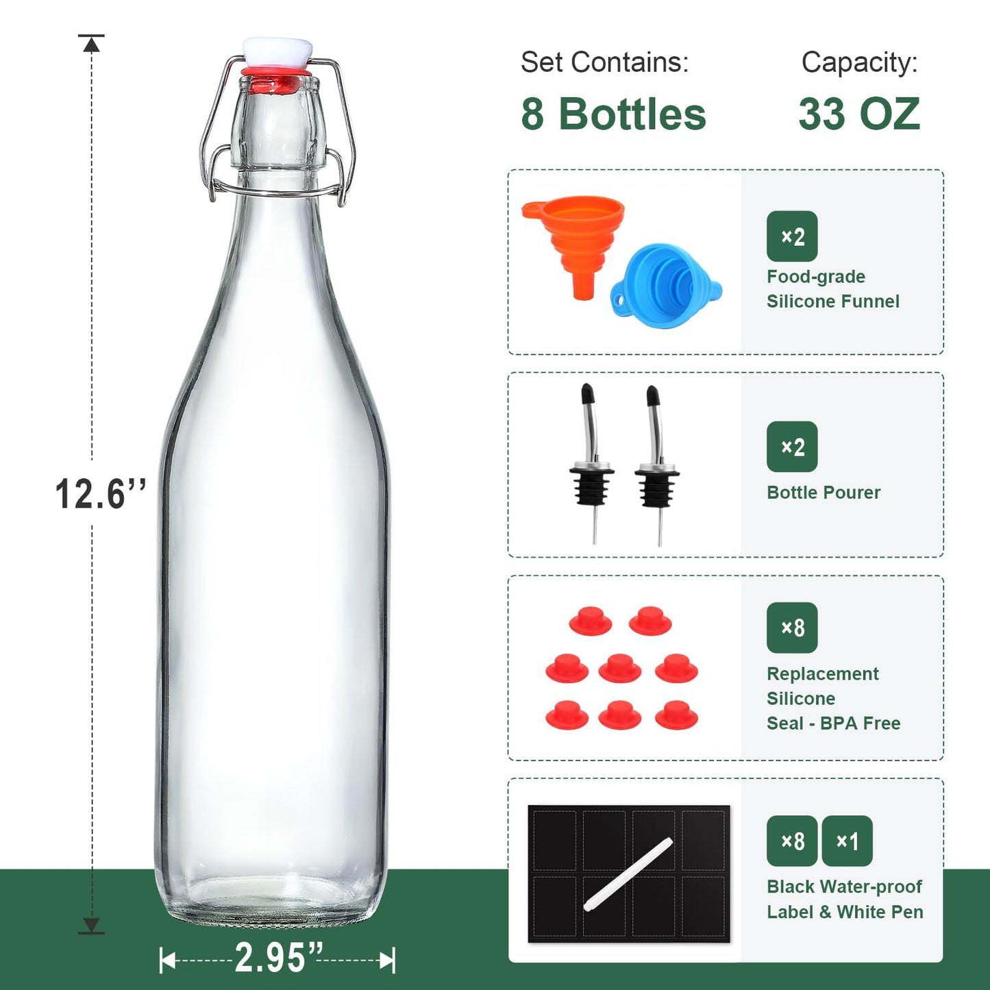 8 Pack [1 L / 33 fl. oz.] Swing Top Glass Bottles w/ Airtight Stopper Lids – Flip Top Brewing Bottle for Fermentation, Kombucha, Mead, Vinegar, Beer, Kefir, Wine, Soda – With 8 Extra Seals & 2 Pourer