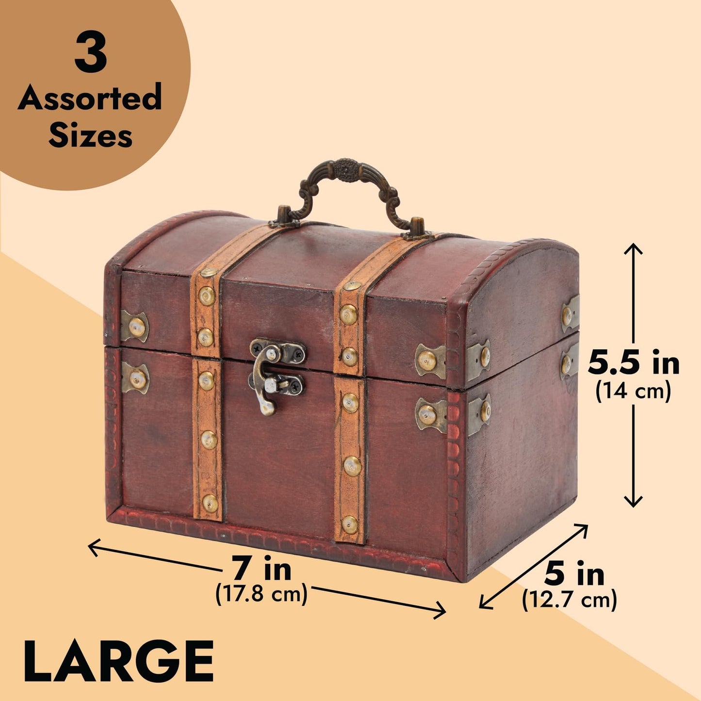 Juvale Treasure Chest Storage Boxes - Dark Brown Wood, Antique Style, Set of 3 - Pirate Chest Decor & Treasure Box for Classroom, Party Decorations & Kids Toy Organization