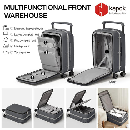mixi Carry On Luggage Wide Handle Luxury Design Rolling Travel Suitcase PC Hardside with Aluminum Frame Hollow Spinner Wheels, with Cover, 20 inch, Rock Grey
