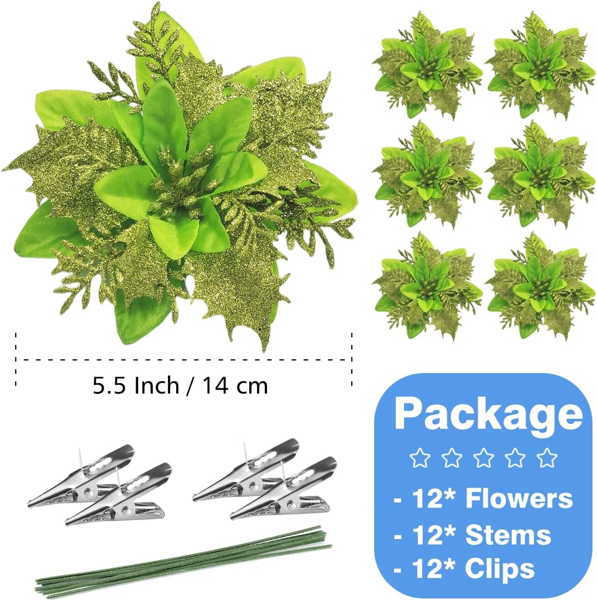 Christmas Poinsettia Artificial Flowers Decorations, 12 Pcs Glitter Flowers Picks for Xmas Tree Wreaths Garland