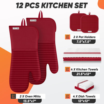 Skiennix Oven Mitts Set - 500°F Heat Resistant Gloves & Potholders with Silicone Grip | Red
