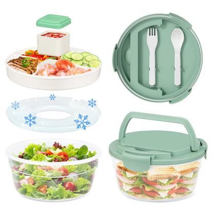 Reeple Salad Container for Lunch, Bento Lunch Box 58-oz with 4 Compartments Tray and Ice Pack, Leak-Proof Salad Bowl with Lid for Adults, BPA-Free Lunch Box for Meal Prep & Food Storage(Green)