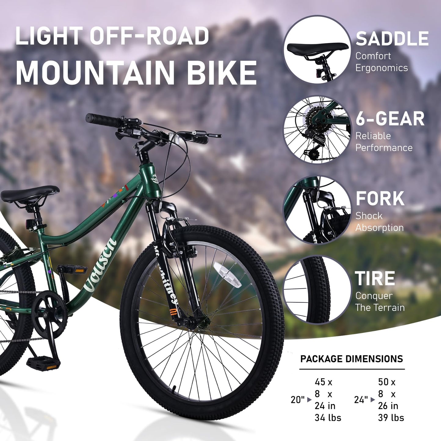 vollsch 24 Inch Kids Mountain Bike for 9-15 Years Old Boys Girls Teens 6-Speed Child MTB Bicycle with Front Suspension Fork, Dark Green