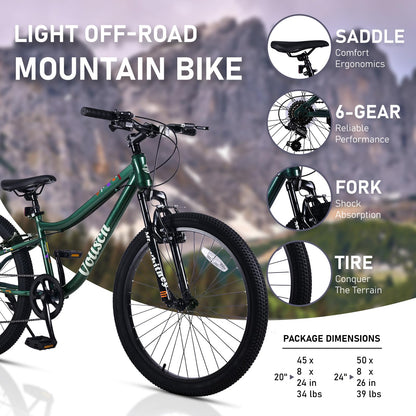 vollsch 24 Inch Kids Mountain Bike for 9-15 Years Old Boys Girls Teens 6-Speed Child MTB Bicycle with Front Suspension Fork, Dark Green