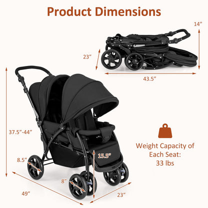 GLACER Foldable Twin Stroller, Double Baby Stroller w/Multi-Level Backrest, Canopy, Handle & Footrest, Safety Belt & Brake System, Travel Tandem Seating Stroller w/Lockable Wheels (Black)