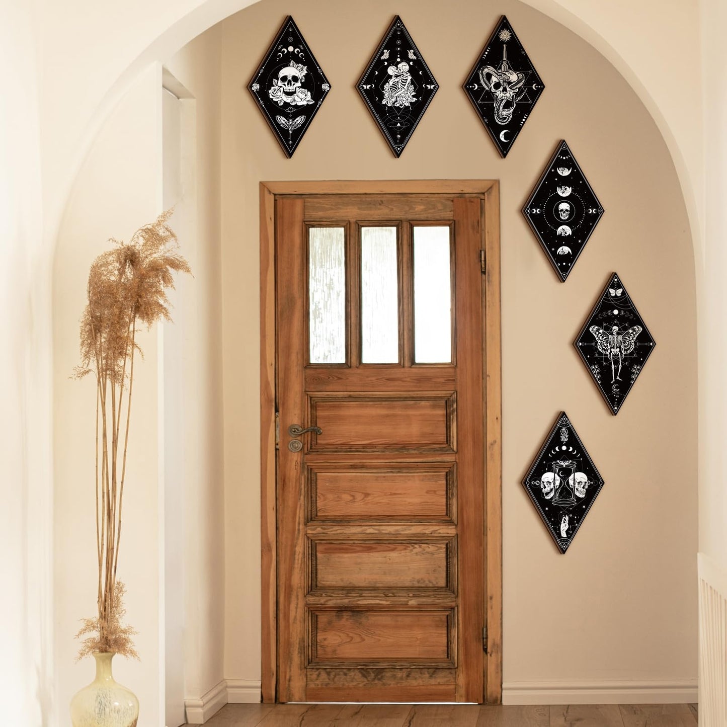 Huwena 6 Pack Gothic Wall Decor for Bedroom Living Room Dark Boho Skull Moon Snake Sun Phase Wooden Hanging Art