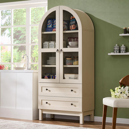 IFGET 71" Tall Arched Kitchen Pantry Cabinet, Wood Kitchens Storage Cabinets with 2 Large Drawers and Adjustable Shelves, Modern Farmhouse Versatile Cupboard for Kitchen, Dining Room, Bathroom, Cream