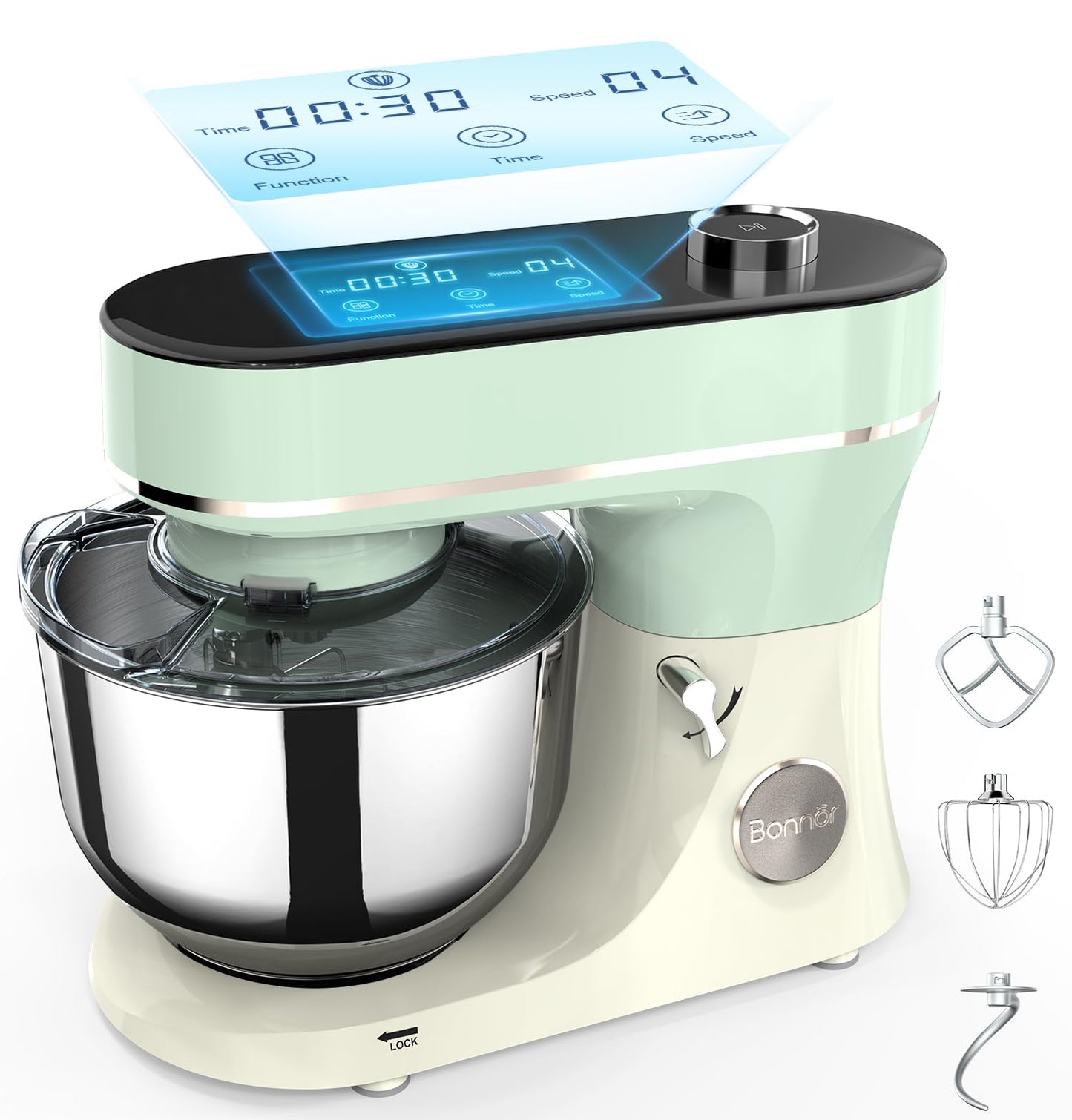 Bonnor Stand Mixer, 6QT Electric Kitchen Mixer for Baking Cakes & Dough, LED Smart Touchscreen, 11-Speed Tilt-Head & Timer, 4 Presets, Mixer with Bowl, Dough Hook/Whisk/Beater, Green