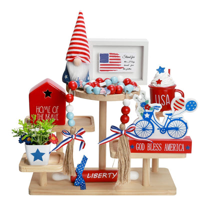 4th of July Decorations Patriotic Tiered Tray Decor Set, 8 PCS Memorial Day Fourth of July Decorations for Home Office Farmhouse Red White and Blue Tabletop Centerpieces Shelf Mantel Tray Decor Signs