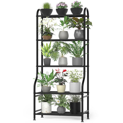 Yutrchey 5-Tier Metal Plant Stand - Heavy Duty Indoor Outdoor Flower Shelf for Multiple Pots, 65" Tall Vertical Holder with Adjustable Leveling Feet & Wall-Fixing Kits, Black