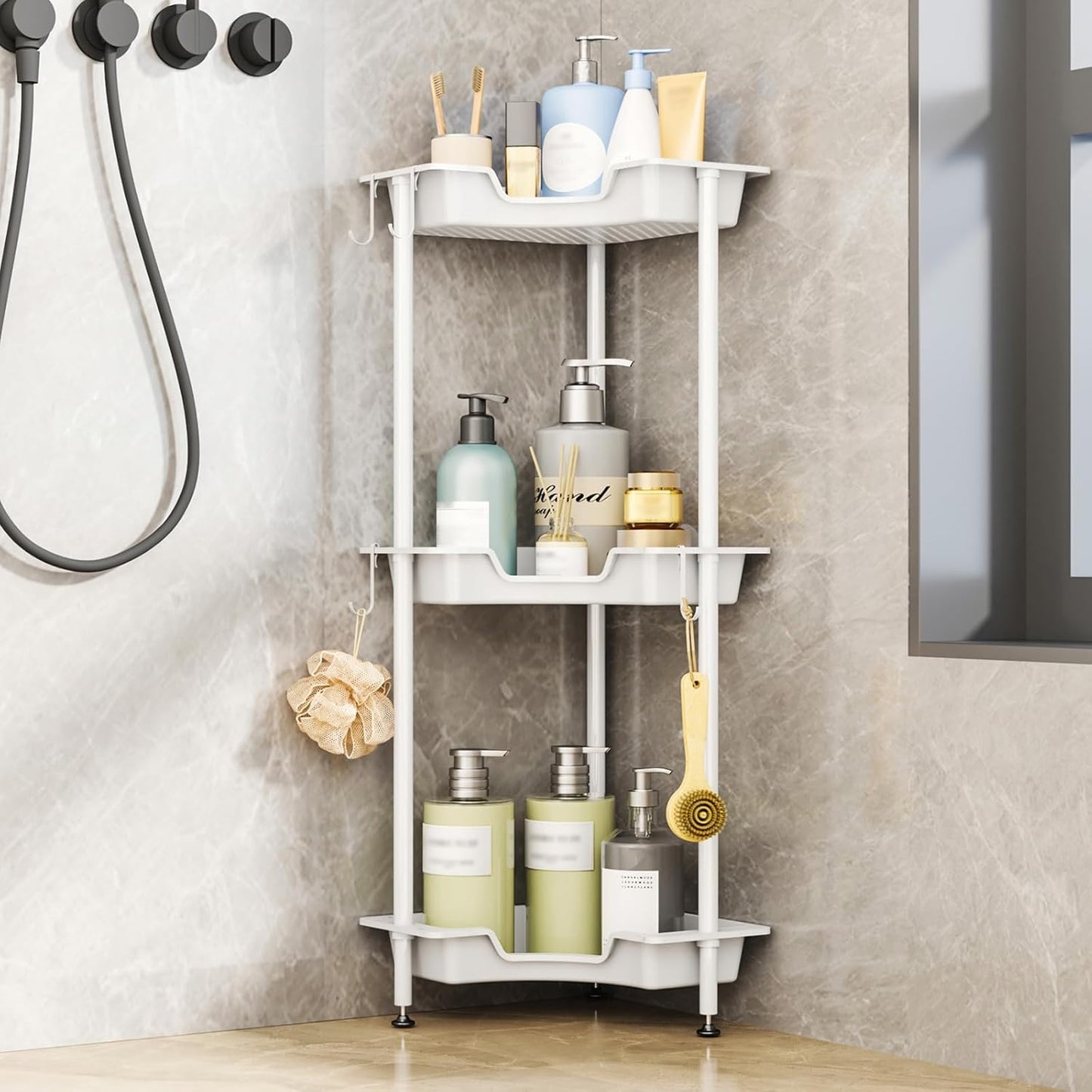 3 4 SWTYMIKI Corner Shower Caddy Standing - Tier Floor Standing Shower Organizer with Hooks, Plastic & Stainless Steel